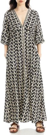Max Studio Three-Quarter Sleeve Maxi Dress in Cream/Black Linum Floral at Nordstrom Rack, Size X-Small