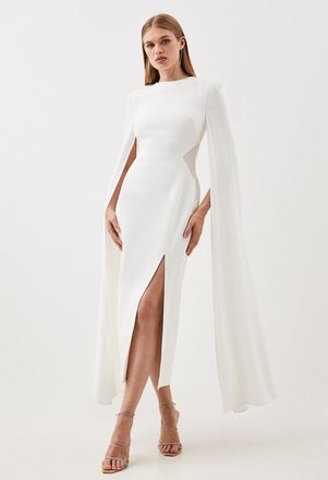 Karen Millen Womens Tailored Compact Stretch Viscose Cape Mesh Panel Midi Dress - White - Size 12 UK