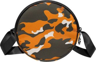 Generic Circle Crossbody Bag for Women, Orange Camouflage Small Sling Bag Daypack with Zipper Adjustable Shoulder Straps Casual Ladies Girls Round Purse