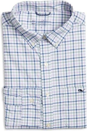 Vineyard Vines Forepeak Tattersall Check Featherweight Performance Button-Down Shirt in Lilac Breeze at Nordstrom, Size Small