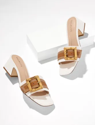 Talbots Kathryn Buckle Speckled Canvas Vachetta Block Heel Sandals - Light Natural/Havana Tan - 10 1/2 M Talbots