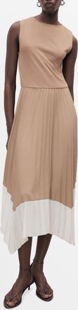Mango Sleeveless Pleated Asymmetric Dress in Beige/White at Nordstrom, Size 10