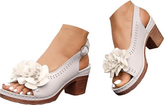 Generic Womens Floral Open Toe Ankle Strap Sandals Chunky Mid Heel Dress Shoes for Wedding Party Summer, Elegant White Casual Heeled Sandals for Women Outdoor