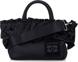 Ganni Black Nylon Ruffled Top Handle Bag