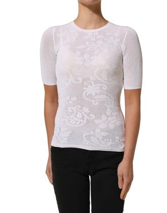 Alpha Studio Alpha Studio Floral Lace Knit Fabric Short Sleeves Blouse Womens Top