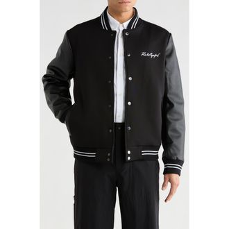 Karl Lagerfeld Mixed Media Varsity Jacket in Black White at Nordstrom Rack, Size Xx-Large