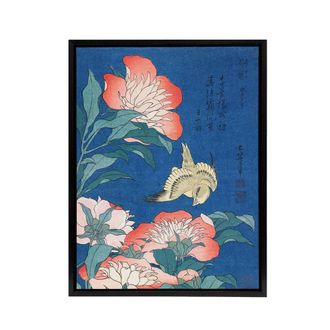 Artery8 Canary & Peony Flowers Framed Canvas Wall Art Print Katsushika Hokusai in Blue | Size: W24 x H32