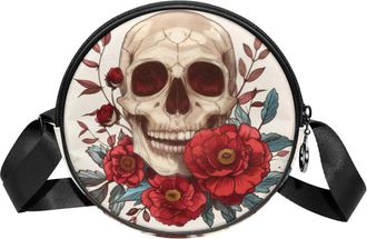 Generic Circle Crossbody Bag for Women, Skulls Flowers Small Sling Bag Daypack with Zipper Adjustable Shoulder Straps Casual Ladies Girls Round Purse