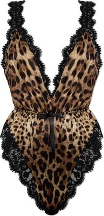 Dolce & Gabbana Zijden Bodysuit Met Dierlijke Print - Dames - Bodies - Bruin - M - Satijn - Tops