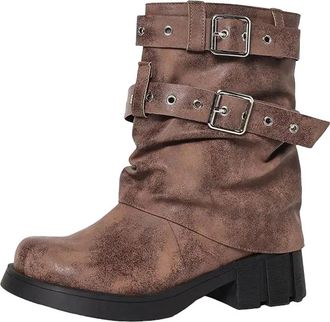 Generic Womens Mid Calf Western Boots Round Toe Med Block Heel Slip On With Platform And Cowgirl Style Buckle Accent