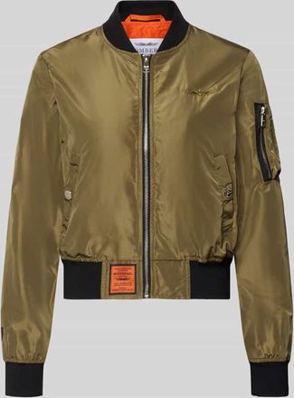 Original Bombers Bomberjacke mit Label-Patch und Rei&szlig;verschlusstasche am &Auml;rmel in Khaki, Gr&ouml;&szlig;e XL