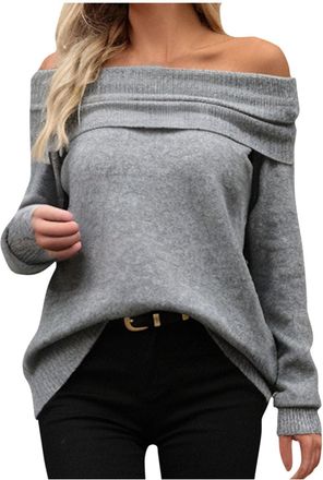 Generic Roll Neck Jumpers for Women UK Cable Knitted Long Sleeve Off Shoulder Sweaters Elegant Pullover Sweater Solid Color Off The Shoulder Jumpers Ladies Kn