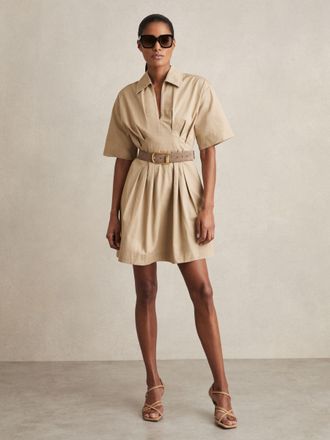 Reiss Womens Beige Cotton Pleated Shirt Dress, Size: 14