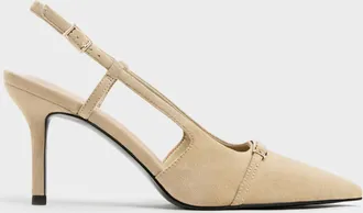 Charles & Keith Faux Suede Metallic-Bar Pointed Slingback Pumps