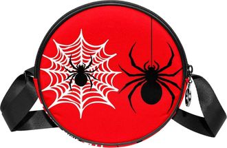 Generic Circle Crossbody Bag for Women, Red and Black Spider Small Sling Bag Daypack with Zipper Adjustable Shoulder Straps Casual Ladies Girls Round Purse