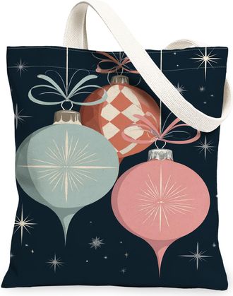 Generic Vintage Festive Canvas Tote Bags, Holiday Ornaments Design Reusable Grocery Bags, Lightweight Washable Shoulder Strap Canvas for Travel Shopping Beach