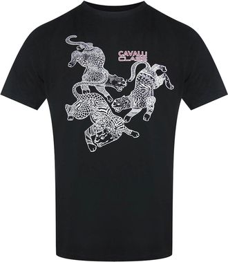 Roberto Cavalli Mens Cavalli Class Paisley Leopards Logo Black T-Shirt - Size: 38