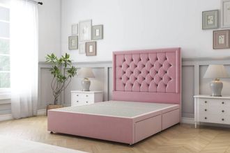 Sloomy Montana Plush Divan Bed Base 2 Drawers Same Side - 26 Headboard in Pink | Size: King