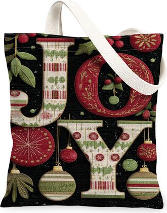 Generic Joyful Canvas Tote Bags, Festive Ornaments Pattern Reusable Grocery Bags, Winter Rustic Lightweight Washable Shoulder Strap, Black, 13x15 Inch