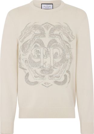 Philipp Plein Embroidered Merino Wool Round Neck Pullover Hexagon Dragon