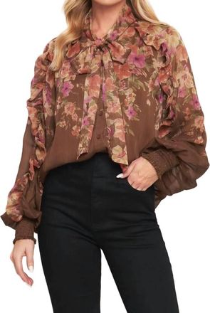 Flying Tomato Floral Tie Neck Blouse In Brown