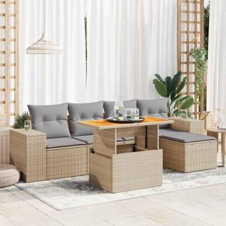 vidaXL Vidaxl - Juego De Sof&aacute;s Jard&iacute;n Con Cojines 6 Pzas Rat&aacute;n Sint&eacute;tico Beige