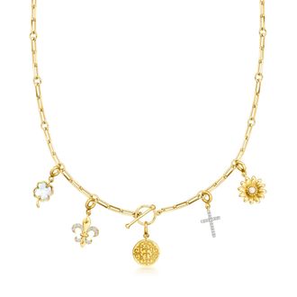 Ross-Simons 18kt Gold Over Sterling T and T Twin Talk Multi-Charm Paper Clip Link Toggle Necklace