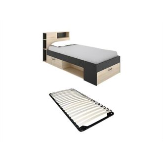 Vente-Unique Vente-unique - Letto con testata, vani portaoggetti e cassetto 90 x 190 cm Antracite e Naturale + Rete - leandre