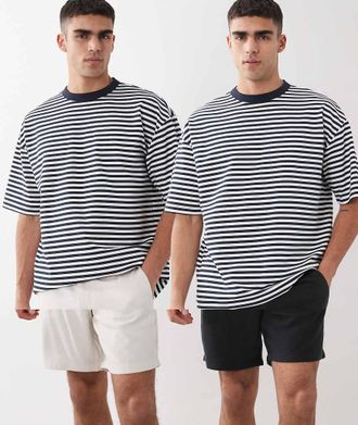 Asos Confezione da 2 paia di pantaloncini slim in misto lino taglio medio nero e color pietra-Multi