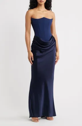 House of CB Persephone Strapless Corset Satin & Stretch Crepe Mermaid Gown in Navy at Nordstrom, Size X-Small