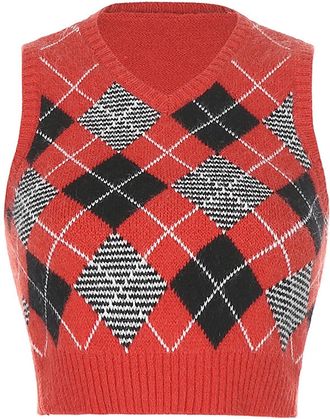 Generic Womens Plaid Check Knit Lozenge Sweater 90s Knit Tank Top V-Neck Checkered Waistcoat Girls College Knitted Waistcoat Sleeveless Vest Ladies Retro Clas