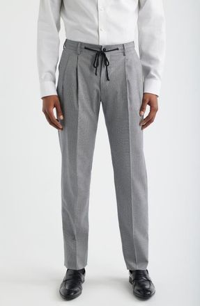 Zanella Nova Grey Glen Check Pleated Wool & Cotton Drawstring Dress Pants in Navy at Nordstrom, Size 33