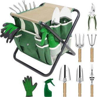OEM Juego De Herramientas De Jard&iacute;n - Set De Jardiner&iacute;a - Jardiner&iacute;a C&oacute;moda - Incluye Taburete Plegable - 10 Piezas - Verde