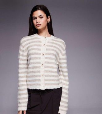 the frolic Esclusiva The Frolic - Cardigan in maglia soffice a righe beige e crema con bottoni-Bianco