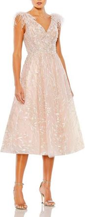 Mac Duggal Embroidered Sleeveless Feather Detail Midi Dress in Pink at Nordstrom, Size 12