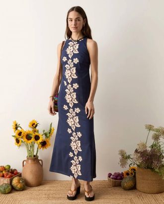 Boteh Palmetto Column Maxi Dress In Navy Blue/ White