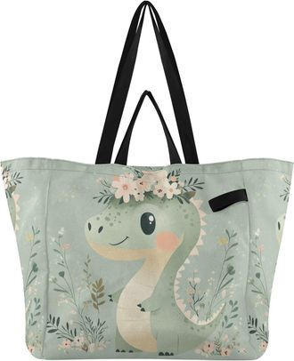 Generic Flower Dinosaur Green print Reusable Canvas Tote Bag, Heavy Duty Grocery Shopping Bag with Hard Bottom Double Handles Large Capacity Work Groceries Tr