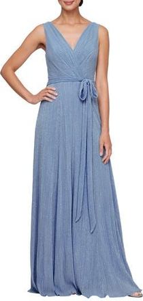 Alex Evenings Tie Waist Metallic Sleeveless Gown in Dusty Blue at Nordstrom Rack, Size 14