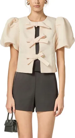 English Factory Bow Detail Puff Sleeve Top in Cream at Nordstrom, Size X-Small