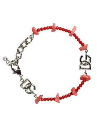 Dolce & Gabbana Womens Silver Tone Brass Beaded Resin Dg Logo Chain Bracelet Real