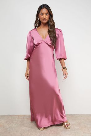 Oasis Womens Satin V Neck Balloon Sleeve Bias Midi Dress - Rose - Size 14 UK
