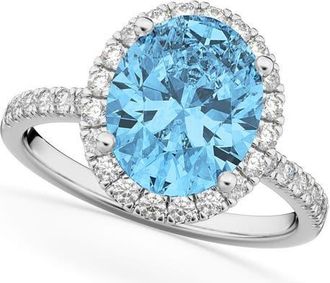 Allurez Oval Cut Halo Blue Topaz & Diamond Engagement Ring 14K in 4.01Ct/white Gold at Nordstrom, Size 7.5