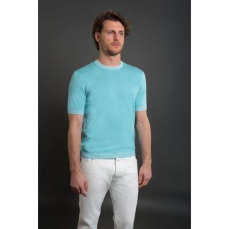 Moorer MenS Light Blue Short Sleeve Sweater, Size 50