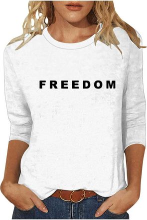 Generic Union Jack t Shirt Women Freedom T Shirt for Women Casual 3/4 Sleeve Crewneck American Shirt Letter Print Graphic Color Block Funny Freedom Tshirt Whi