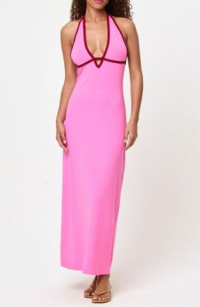 L*Space Shea Contrast Binding Halter Rib Maxi Cover-Up Dress in Hottest Pink/Simmer at Nordstrom, Size X-Large