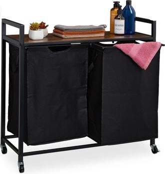 Relaxdays Mueble Para Ropa Sucia, 2 Cestos Extra&iacute;bles, Estanter&iacute;a Colada Con Ruedas, Dise&ntilde;o Industrial, Negro Y Marr&oacute;n - Relaxdays