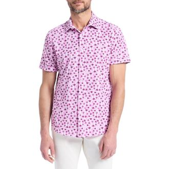 Robert Graham Bramwell Floral Short Sleeve Knit Button-Up Shirt in Pink at Nordstrom Rack, Size Xx-Large