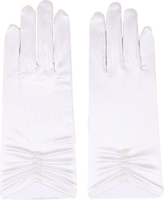 Flora Satin Wrist Length Fingered Wedding/Prom Glove with pearls,10 L (WHITE)