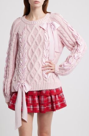 LoveShackFancy Kloss Ribbon Detail Alpaca Blend Cable Sweater in Ballet Slipper at Nordstrom, Size Xx-Small