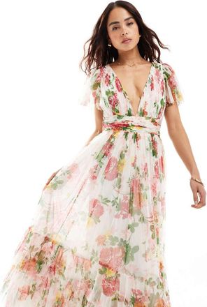 Lace & Beads Bridesmaid Madison v-neck tulle midi dress in bright floral-Pink